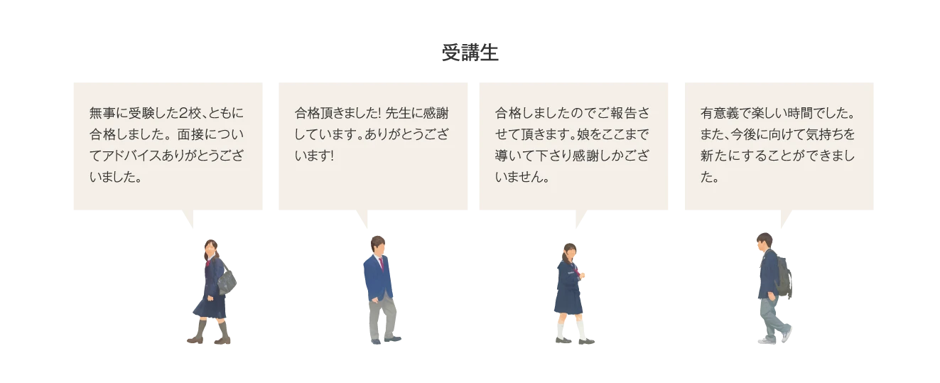 【受講生】無事に受験した2校、ともに合格しました。 面接についてアドバイスありがとうございました。／合格頂きました！ 先生に感謝しています。ありがとうございます！／合格しましたのでご報告させて頂きます。娘をここまで導いて下さり感謝しかございません。／有意義で楽しい時間でした。また、今後に向けて気持ちを新たにすることができました。