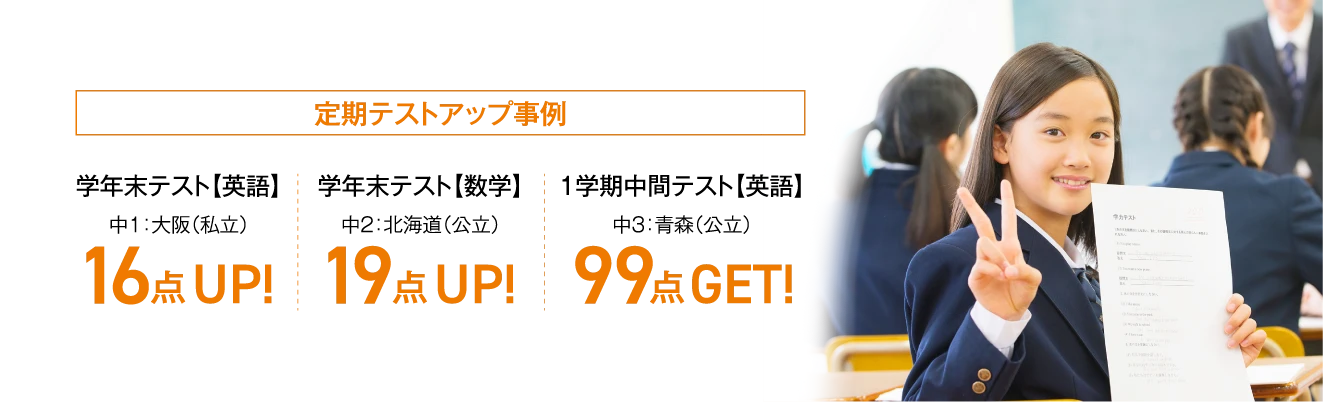 ［定期テストアップ事例］【学期中間テスト 英語】中1：大阪（私立）16点UP!／【学年末テスト 数学】中2：北海道（公立）19点UP!／【学年末テスト 英語】中3：青森（公立）99点GET!