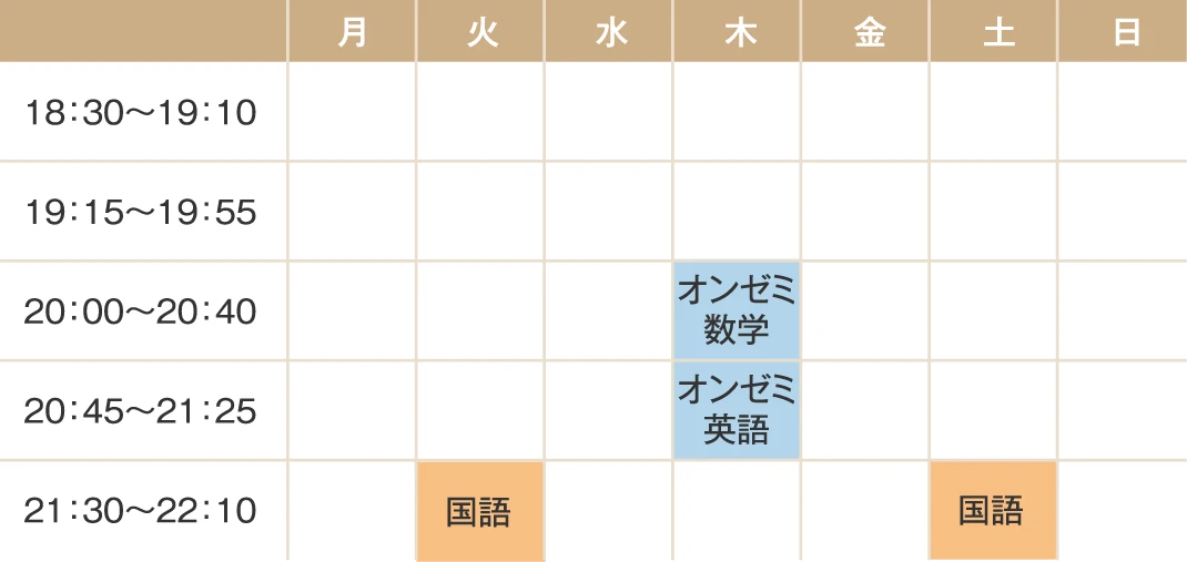 【時間割】国語火曜日21:30〜22:10/オンゼミ数学木曜日20:00〜20:40/オンゼミ英語木曜日20:45〜21:25/国語土曜日21:30〜22:10