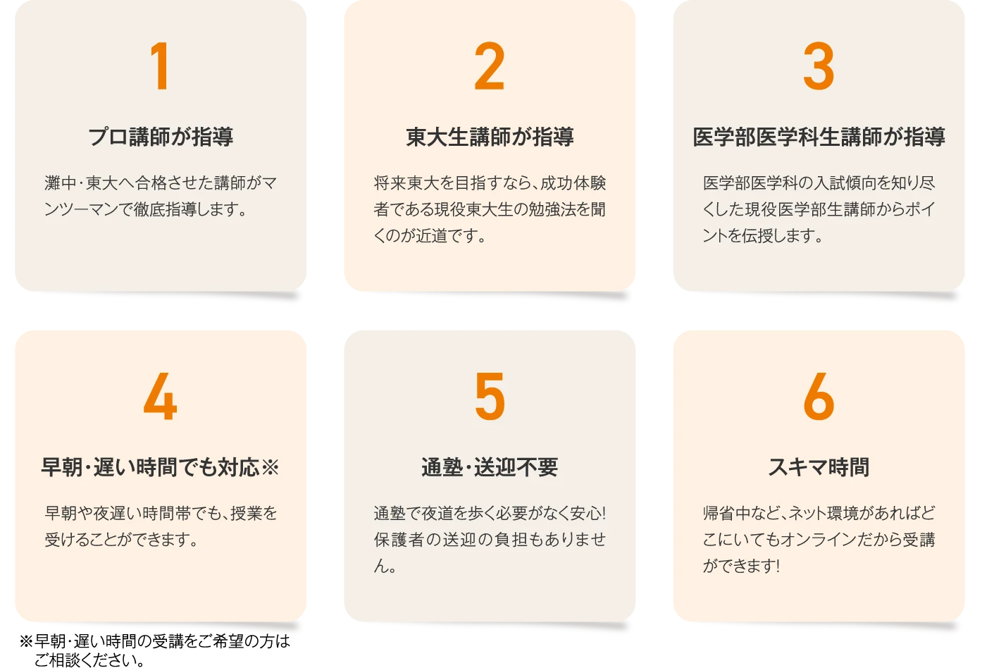 ［1.プロ講師が指導］灘中・東大へ合格させた講師がマンツーマンで徹底指導します。／［2.東大生講師が指導］将来東大を目指すなら、成功体験者である現役東大生の勉強法を聞くのが近道です。／［3.医学部医学科生講師が指導］医学部医学科の入試傾向を知り尽くした現役医学部生講師からポイントを伝授します。／［4.早朝・遅い時間でも対応］早朝や夜遅い時間帯でも、授業を受けることができます。／［5.通塾・送迎不要］通塾で夜道を歩く必要がなく安心！保護者の送迎の負担もありません。／［6.スキマ時間］帰省中など、ネット環境があればどこにいてもオンラインだから受講ができます！