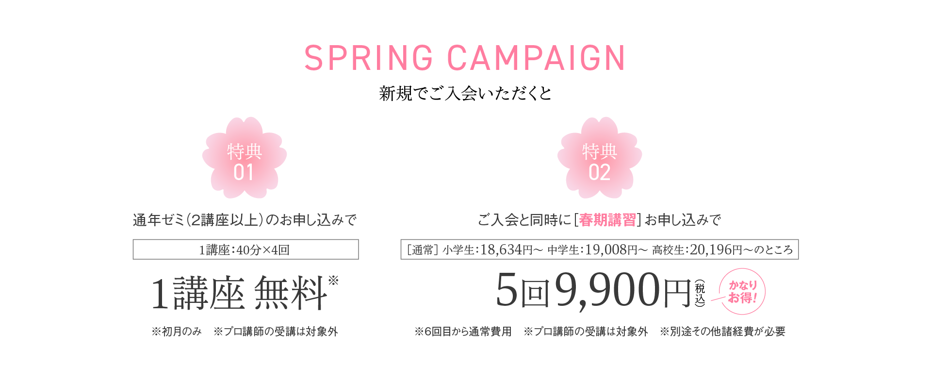 SPRING CAMPAIGN 新規でご入会いただくと 特典：通年ゼミ（2講座以上）のお申し込みで1講座 無料／ご入会と同時に［春期講習］お申し込みで5回9,900円（税込）