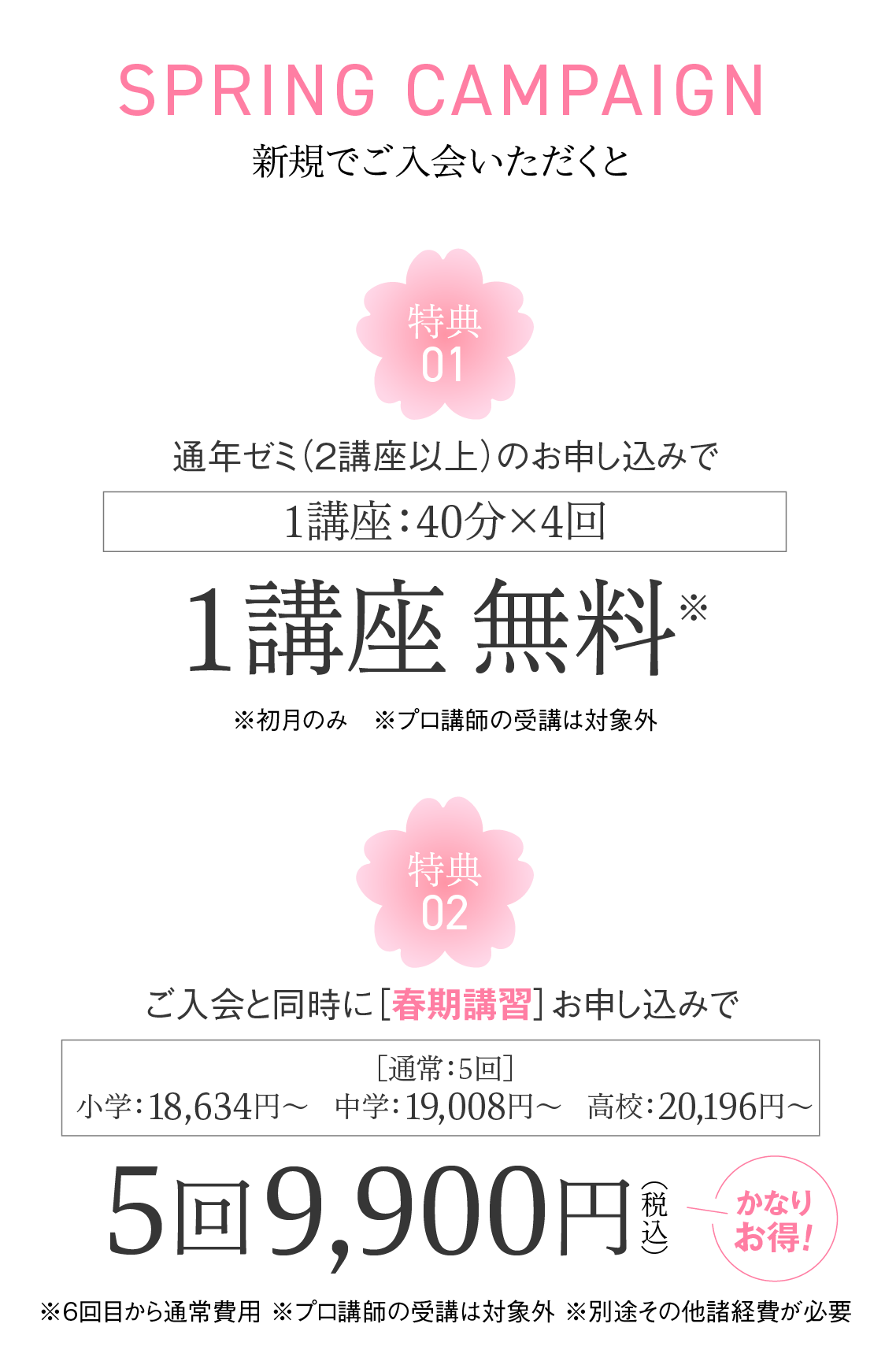 SPRING CAMPAIGN 新規でご入会いただくと 特典：通年ゼミ（2講座以上）のお申し込みで1講座 無料／ご入会と同時に［春期講習］お申し込みで5回9,900円（税込）