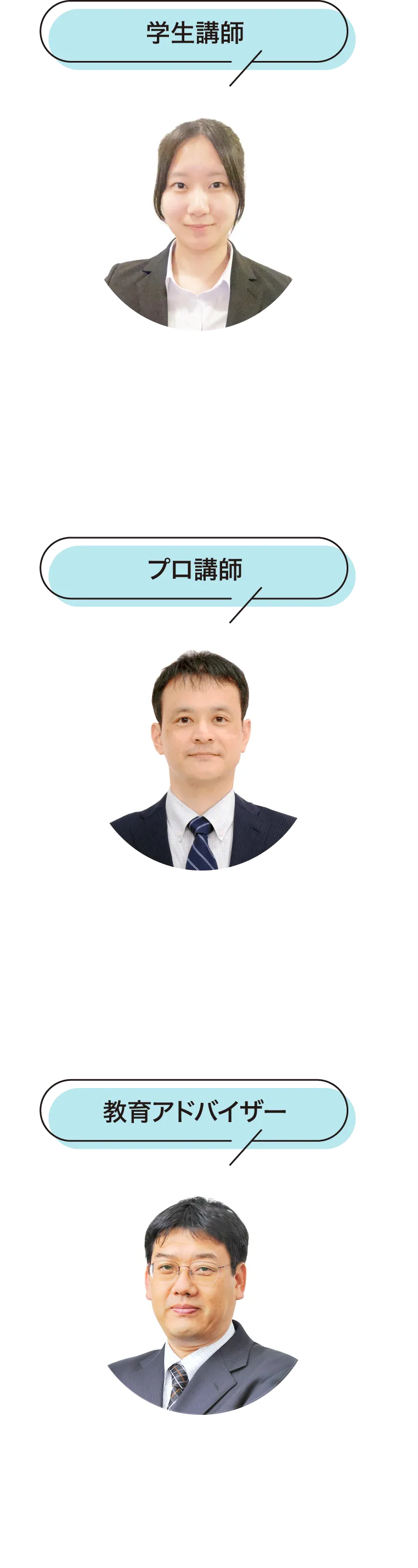 ［学生講師 大阪大学 法学部 作間］英語の資格が必要ならお任せください！一緒に頑張りましょう！／［プロ講師 熊井］学校から、ぜひ来てほしい！と思ってもらえるような作文・小論文を一緒に完成させましょう！／［教育アドバイザー 堤］帰国生入試と一口に言っても、一人ひとりやるべきことは異なります。是非ご相談ください！