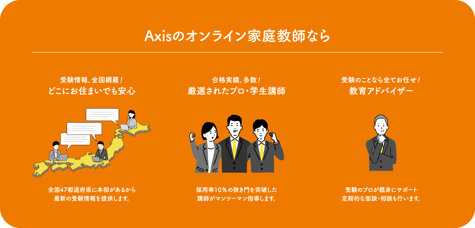 【Axisのオンライン家庭教師なら】受験情報、全国網羅！どこにお住まいでも安心（全国47都道府県に本部があるから最新の受験情報を提供します。）／合格実績、多数！厳選されたプロ・学生講師（採用率10％の狹き門を突破した講師がマンツーマン指導します。）／受験のことなら全てお任せ！教育アドバイザー（受験のプロが親身にサポート定期的な面談・相談も行います。）