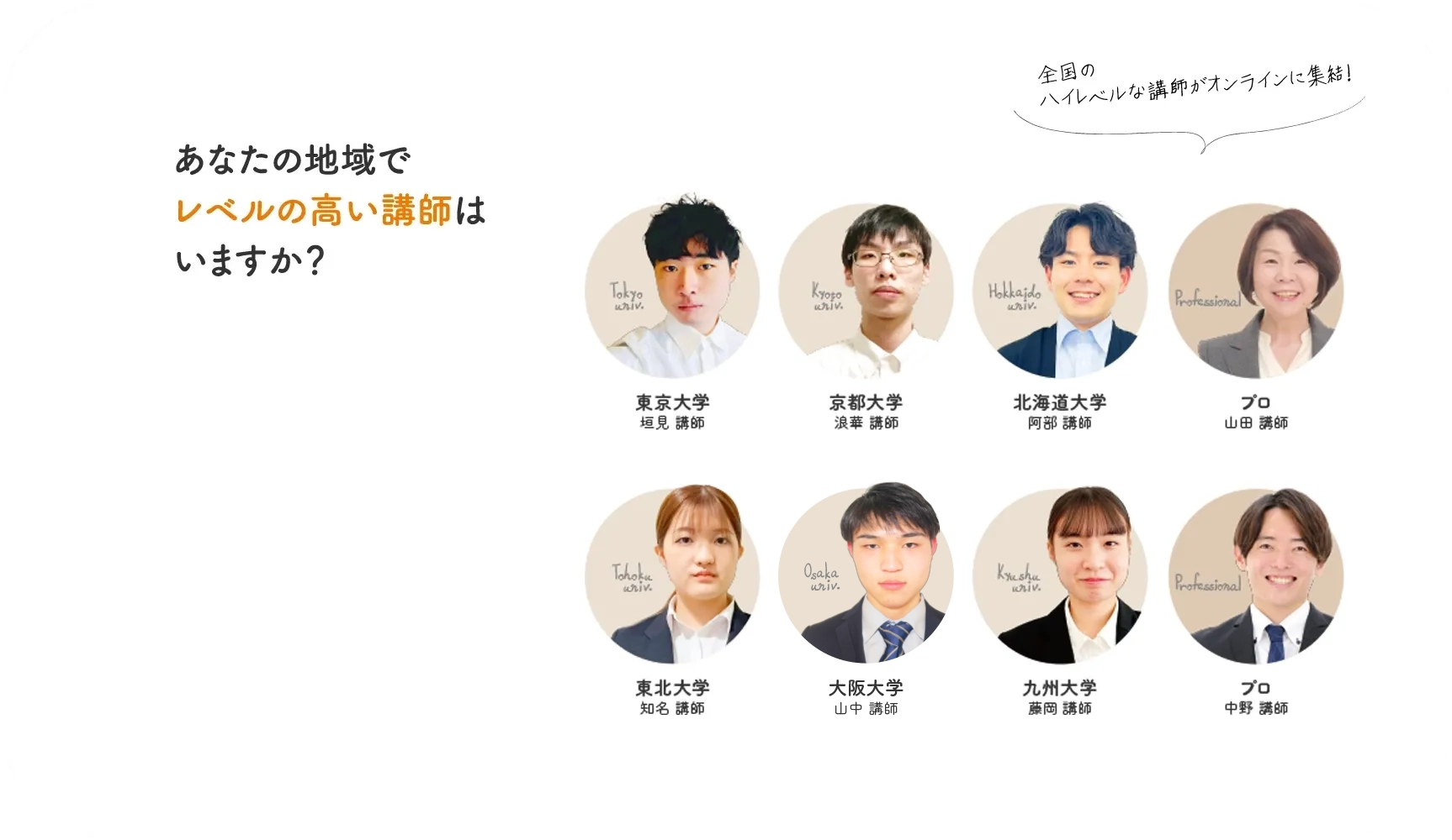 あなたの地域でレベルの高い講師はいますか？（全国のハイレベルな講師がオンラインに集結！）東京大学 垣見講師／京都大学 浪華講師／北海道大学 原講師／プロ 山田講師／東北大学 日谷講師／大阪大学 中桐講師／九州大学 浦講師／プロ 中野講師）