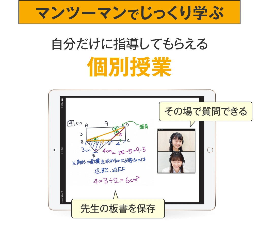 個別授業：自分だけに指導してもらえる・マンツーマンでじっくり学ぶ（その場で質問できる・先生の板書を保存）オンラインゼミ