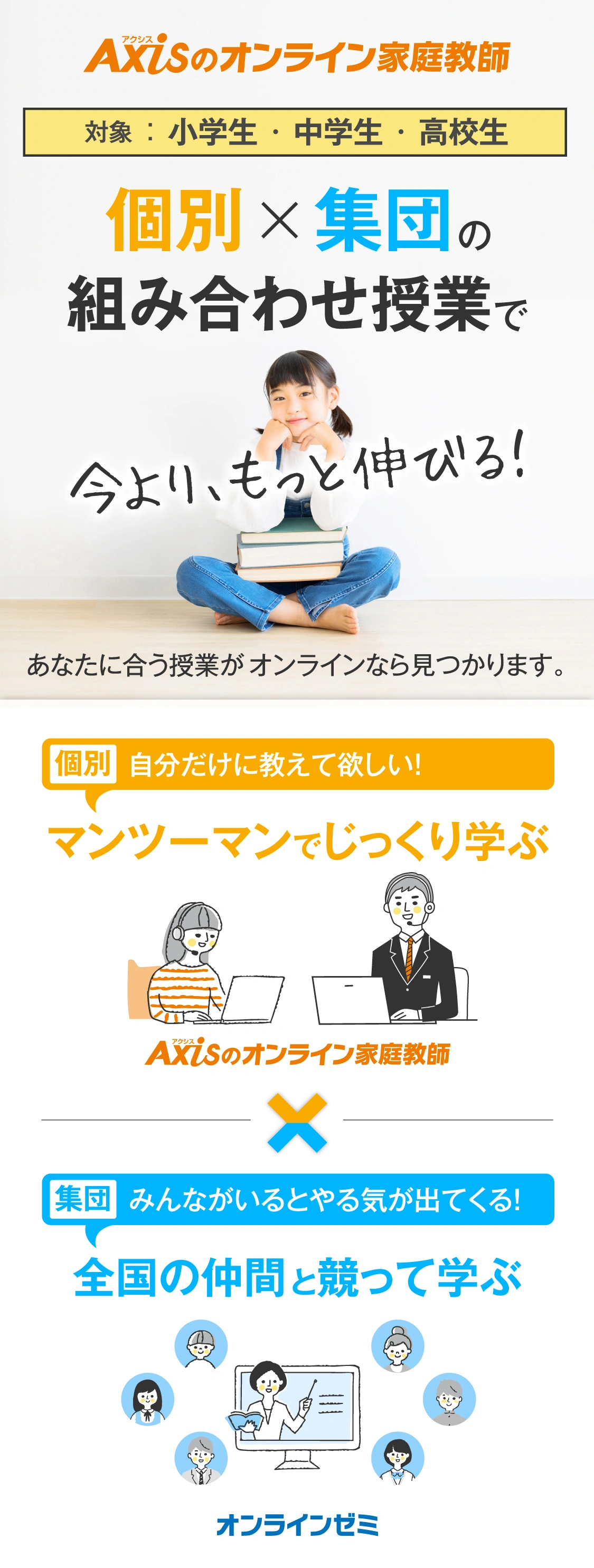 個別×集団の組み合わせ授業で今よりもっと伸びる！／Axisのオンライン家庭教師：自分だけに教えて欲しい！マンツーマンでじっくり学ぶ／オンラインゼミ：みんながいるとやる気が出てくる！全国の仲間と競って学ぶ／（組み合わせ受講で）弱点は個別で補強・ 強みは集団で磨く／あなたにピッタリの授業が「オンライン」なら見つかります！／対象 ：小学生 ・中学生 ・高校生