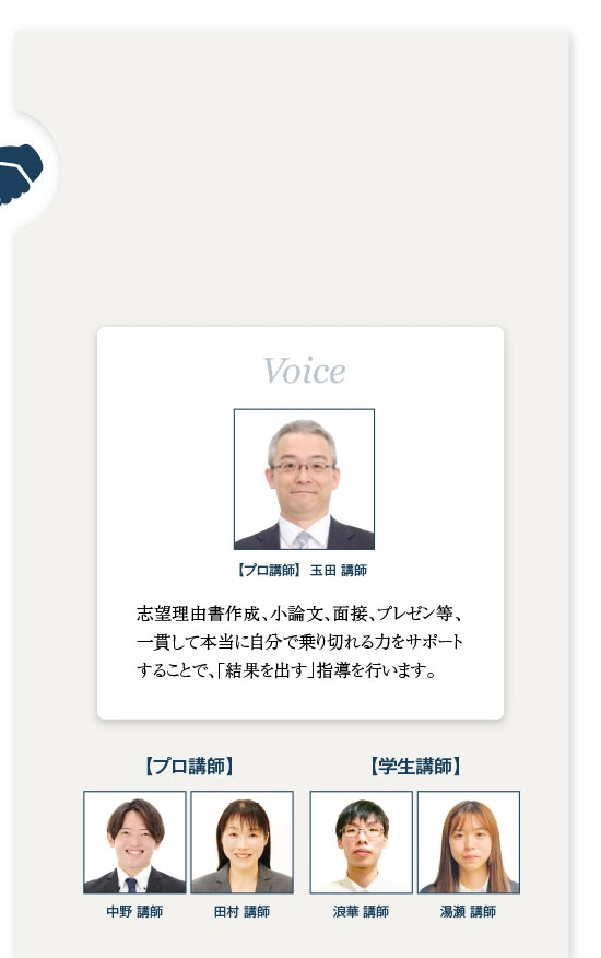【プロ講師 玉田講師】志望理由書作成、小論文、面接、プレゼン等、一貫して本当に自分で乗り切れる力をサポートすることで、「結果を出す」指導を行います。【プロ講師】中野講師、田村講師【学生講師】浪華講師、湯瀬講師