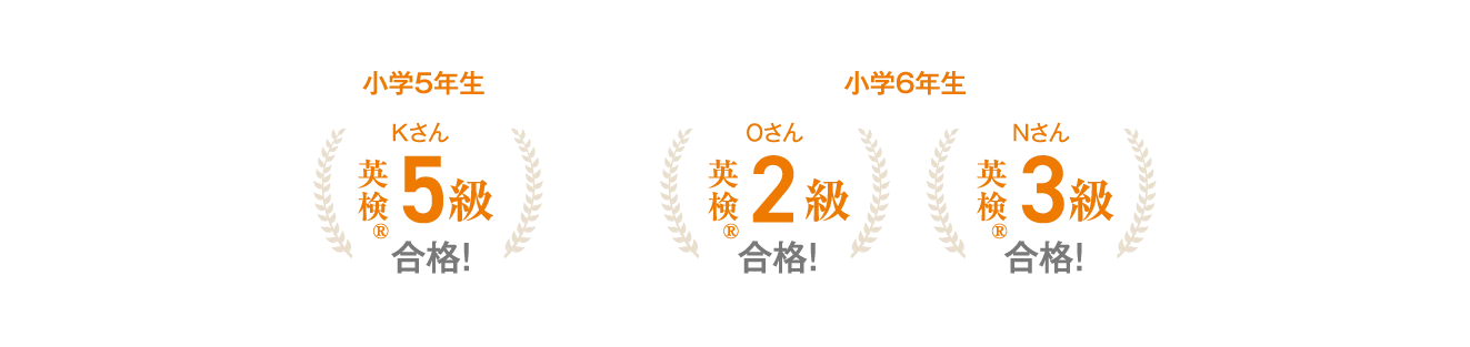 小学5年生Kさん 英検5級合格！／小学6年生Oさん 英検2級合格！／小学6年生Nさん 英検3級合格！