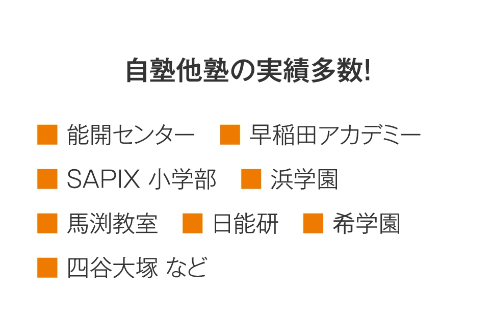 【自塾他塾の実績多数！】能開センター／早稲田アカデミー／SAPIX 小学部／浜学園／馬渕教室／日能研／希学園／四谷大塚など