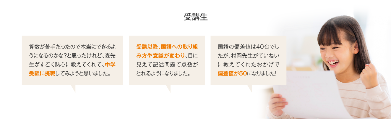 【受講生】算数が苦手だったので本当にできるようになるのかな？と思ったけれど、森先生がすごく熱心に教えてくれて、中学受験に挑戦してみようと思いました。／受講以降、国語への取り組み方や意識が変わり、目に見えて記述問題で点数がとれるようになりました。／国語の偏差値は４０台でしたが、村岡先生がていねいに教えてくれたおかげで偏差値が５０になりました！