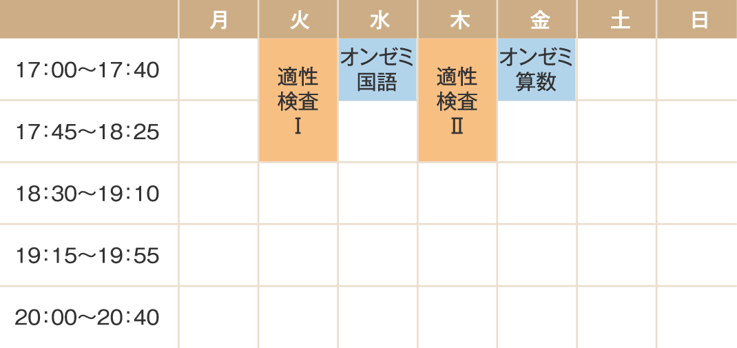 【時間割】適性検査Ⅰ火曜日17:00～18:25/オンゼミ国語水曜日17:00～17:40/適性検査Ⅱ木曜日17:00～18:25/オンゼミ算数金曜日17:00～17:40