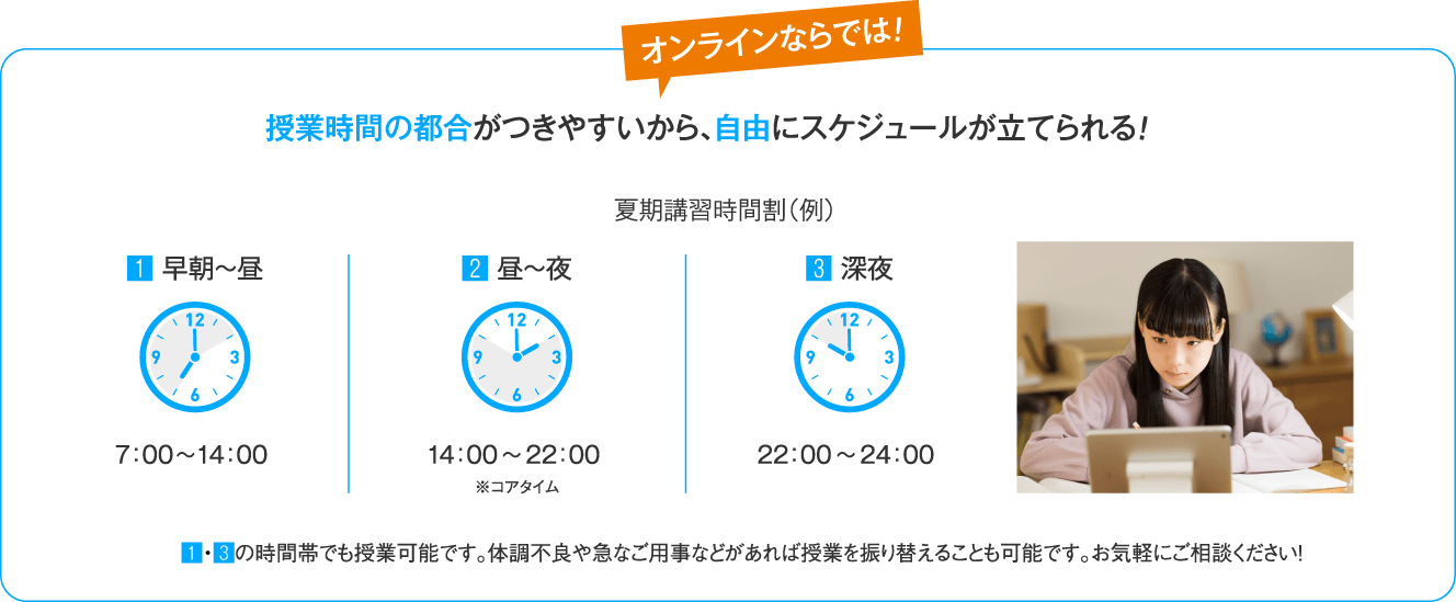 オンラインならでは！授業時間の都合がつきやすいから、自由にスケジュールが立てられる！早朝～昼、深夜の時間帯でも授業可能です。体調不良や急なご用事などがあれば授業を振り替えることも可能です。お気軽にご相談ください！