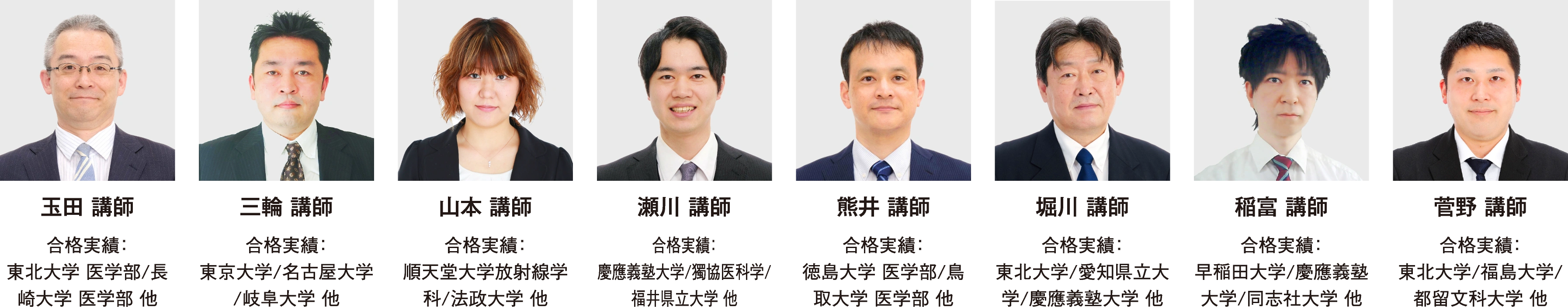 玉田講師合格実績：東北大学 医学部/長崎大学 医学部 他/三輪講師合格実績：東京大学/名古屋大学/岐阜大学 他/山本講師合格実績：順天堂大学放射線学科/法政大学 他/瀬川講師合格実績：慶應義塾大学/獨協医科学/福井県立大学 他/熊井講師合格実績：徳島大学 医学部/鳥取大学 医学部 他/堀川講師合格実績：東北大学/愛知県立大学/慶應義塾大学 他/稲富講師合格実績：早稲田大学/慶應義塾大学/同志社大学 他/菅野講師合格実績：東北大学/福島大学/都留文科大学 他