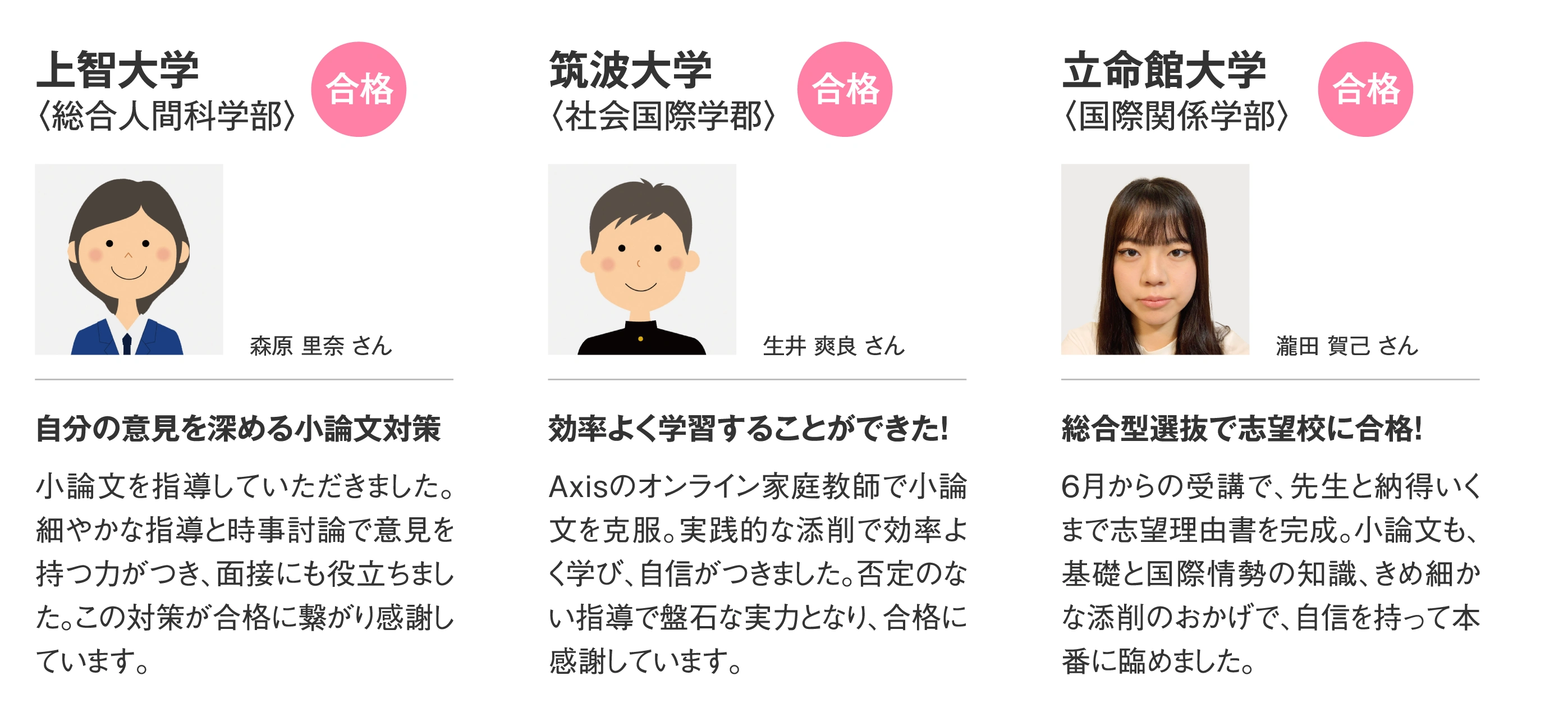 上智大学〈総合人間科学部〉合格［自分の意見を深める小論文対策］小論文を指導していただきました。細やかな指導と時事討論で意見を持つ力がつき、面接にも役立ちました。この対策が合格に繋がり感謝しています。/筑波大学〈社会国際学郡〉合格［効率よく学習することができた！］Axisのオンライン家庭教師で小論文を克服。実践的な添削で効率よく学び、自信がつきました。否定のない指導で盤石な実力となり、合格に感謝しています。/立命館大学〈国際関係学部〉合格［総合型選抜で志望校に合格！］6月からの受講で、先生と納得いくまで志望理由書を完成。小論文も、基礎と国際情勢の知識、きめ細かな添削のおかげで、自信を持って本番に臨めました。