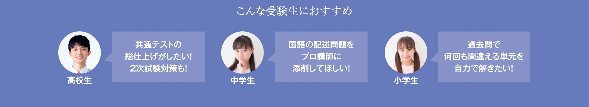 こんな受験生におすすめ！／共通テストの総仕上げがしたい！2次試験対策も！／国語の記述問題をプロ講師に添削してほしい！／過去問で何回も間違える単元を自力で解きたい！